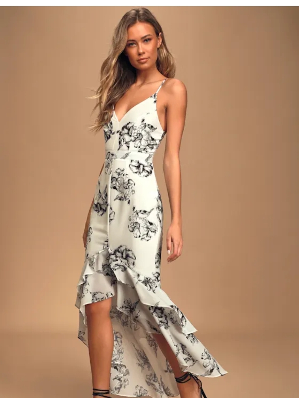 Lulus White Floral Ruffle High-Low Maxi Dress Size M